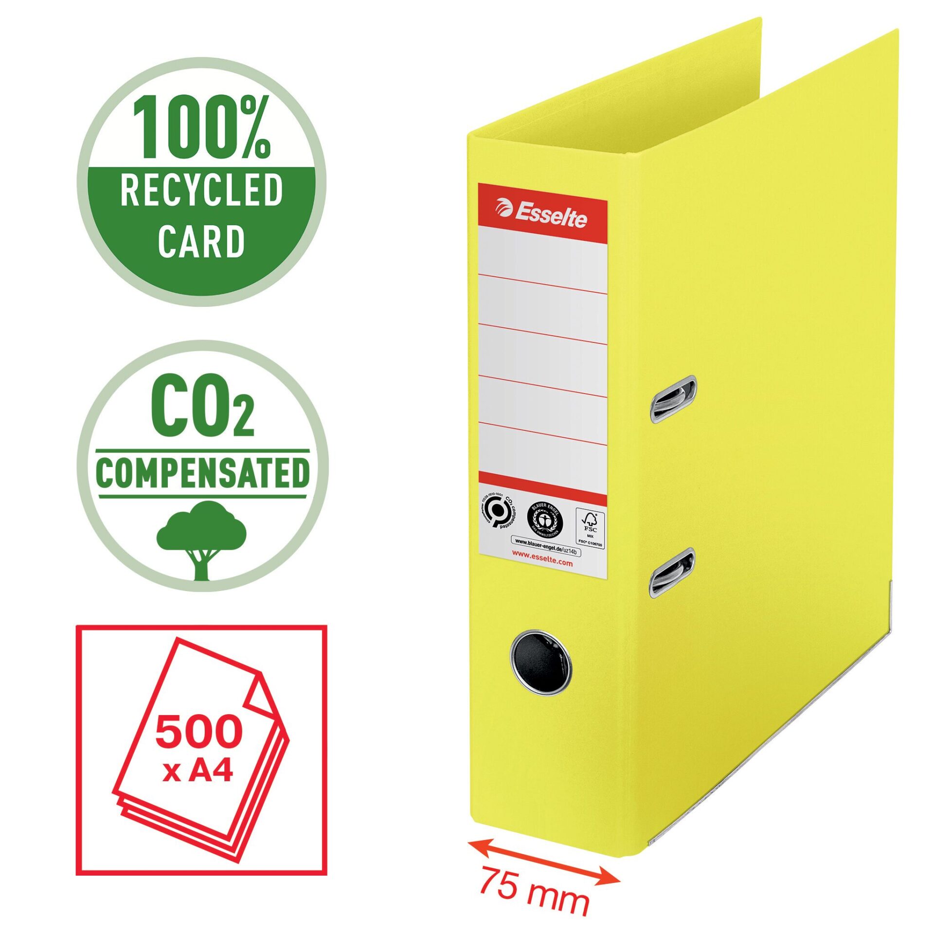 Registraator ESSELTE No1 Recycle A4, kartong, 75 mm, kollane