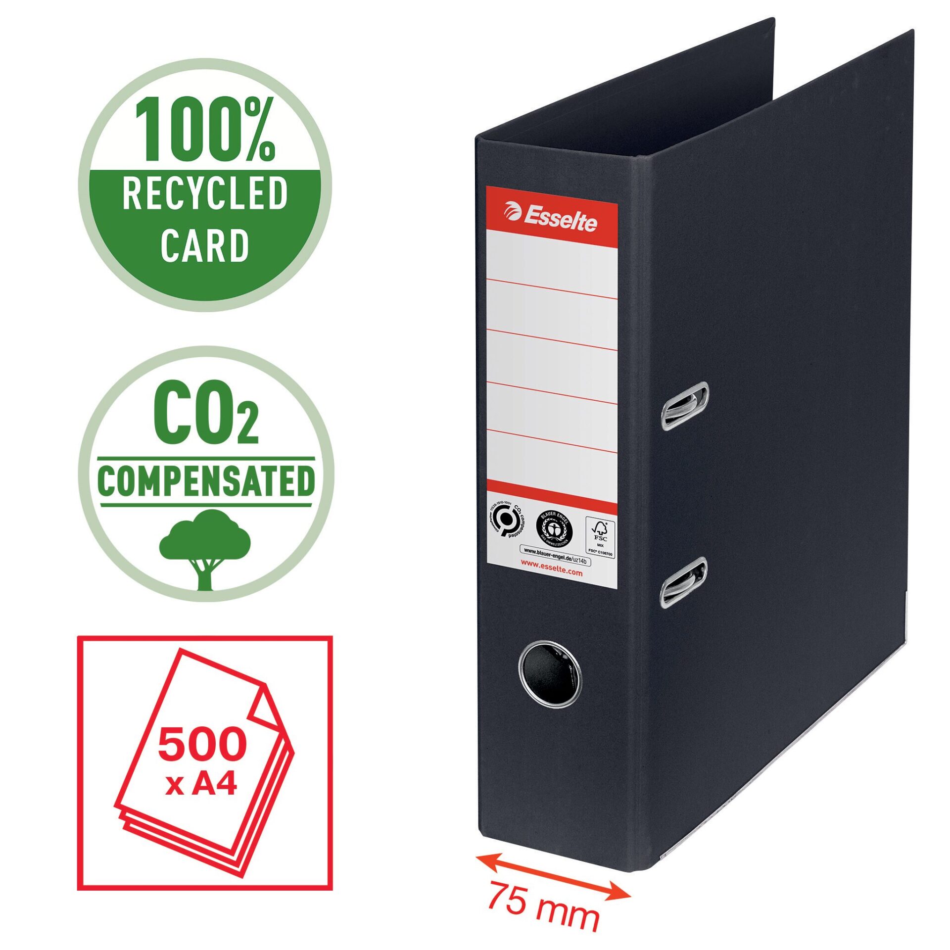 Registraator ESSELTE No1 Recycle, A4, kartong, 75 mm, must