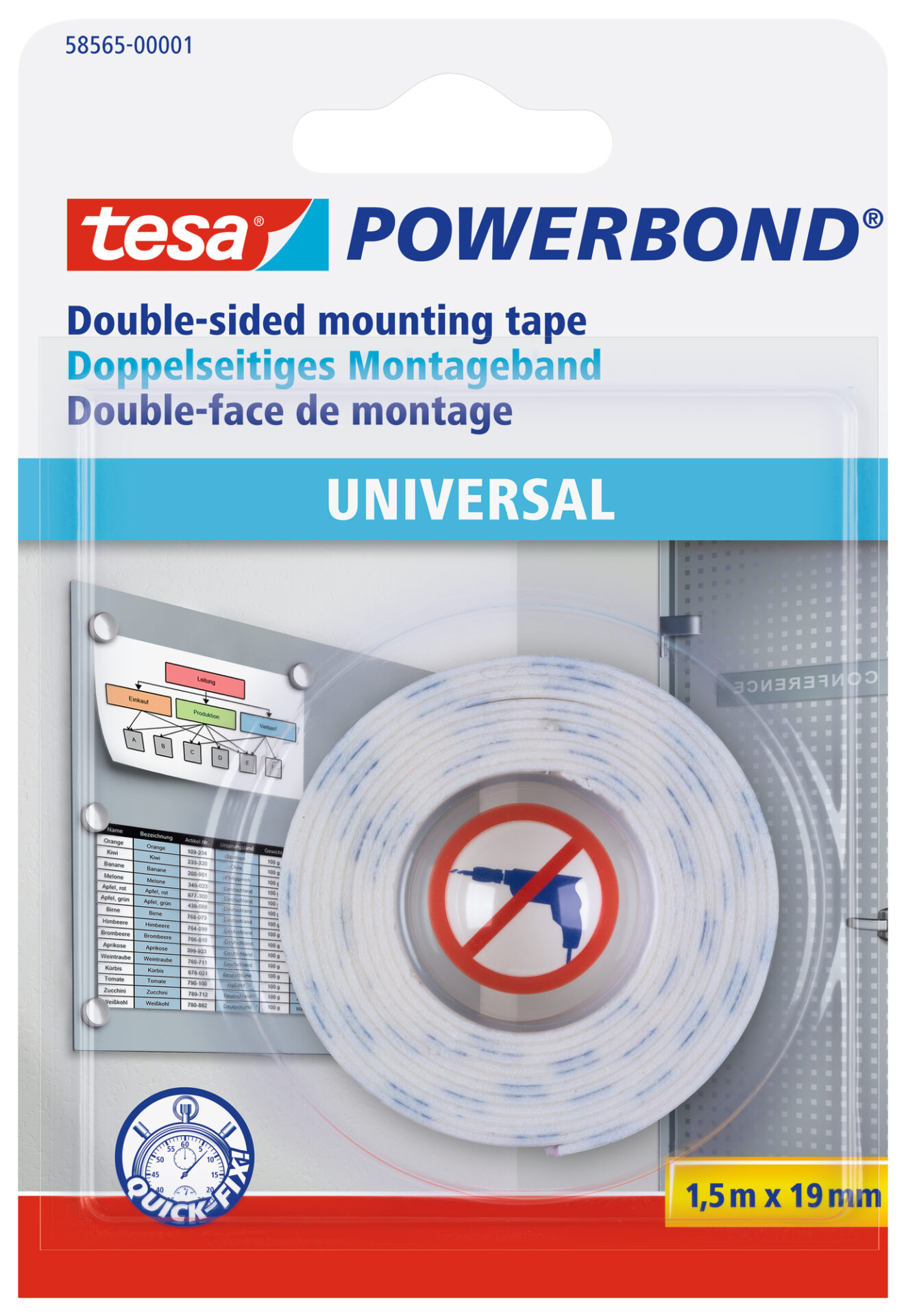 Teip kahepoolne Tesa, 1.5m x 19mm,valge