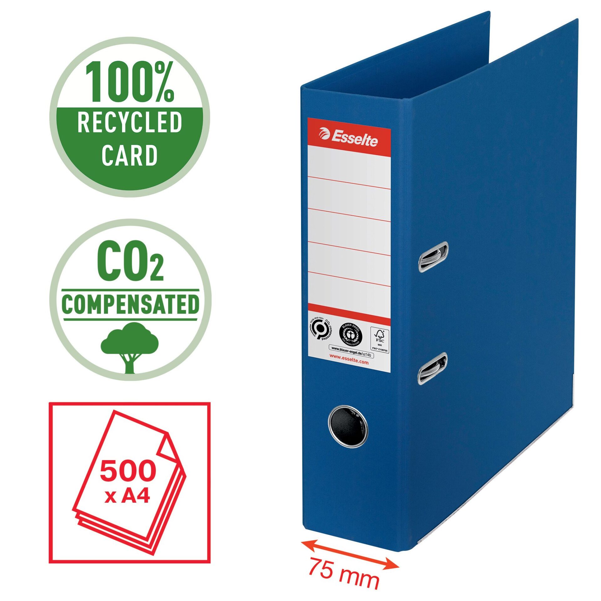Registraator ESSELTE No1 Recycle, A4, kartong, 75 mm, sinine